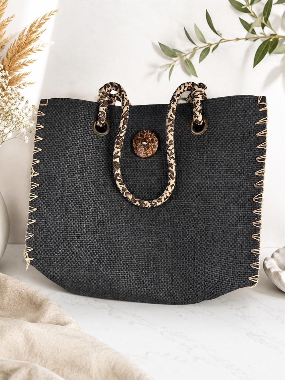 Boho Black Woven Tote Bag with Natural Trim